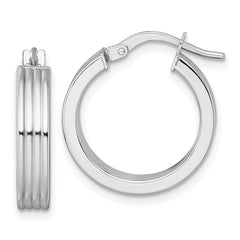 14k White Gold Polished and Grooved 4.00 x 18mm Tube Hoop Earrings