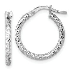 14k White Gold Polished Diamond-cut Textured 2.00 x 18mm Tube Hoop Earrings