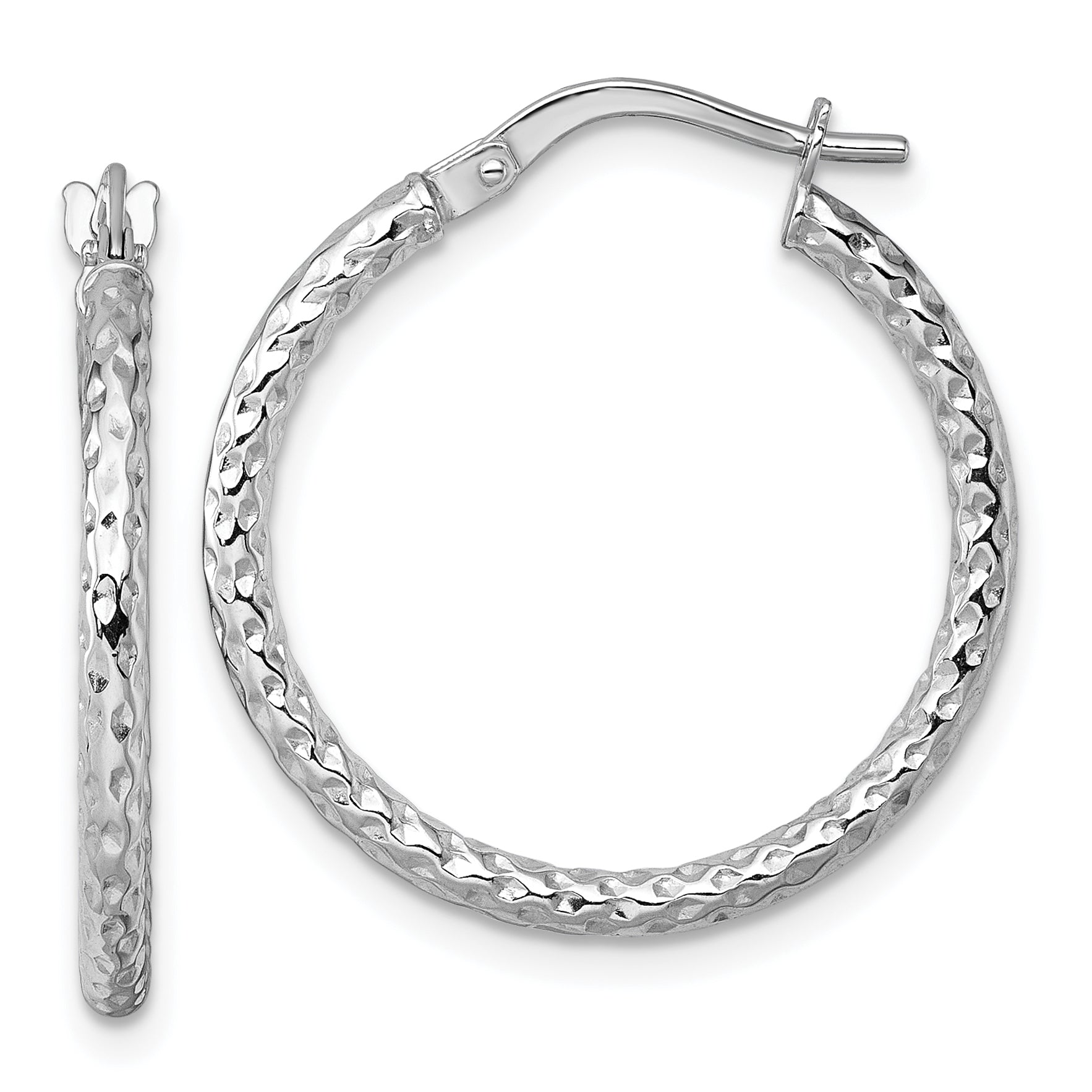 14k White Gold Polished Diamond-cut Textured 2.00 x 23mm Tube Hoop Earrings