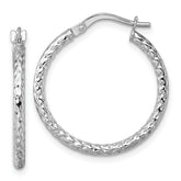 14k White Gold Polished Diamond-cut Textured 2.00 x 23mm Tube Hoop Earrings