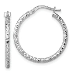 14k White Gold Polished Diamond-cut Textured 2.00 x 23mm Tube Hoop Earrings