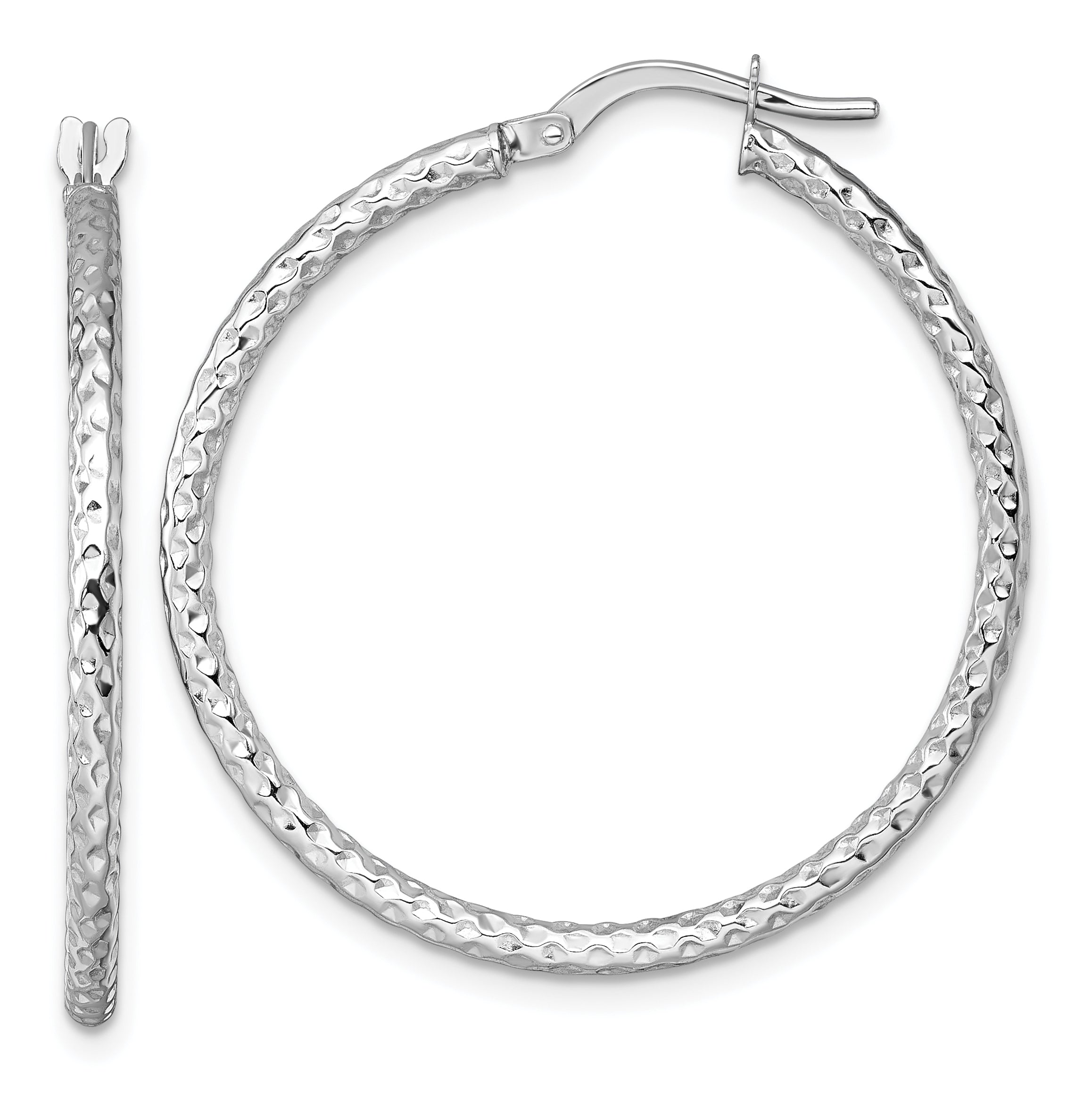 14k White Gold Polished Diamond-cut Textured 2.00 x 32mm Tube Hoop Earrings