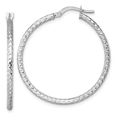 14k White Gold Polished Diamond-cut Textured 2.00 x 32mm Tube Hoop Earrings