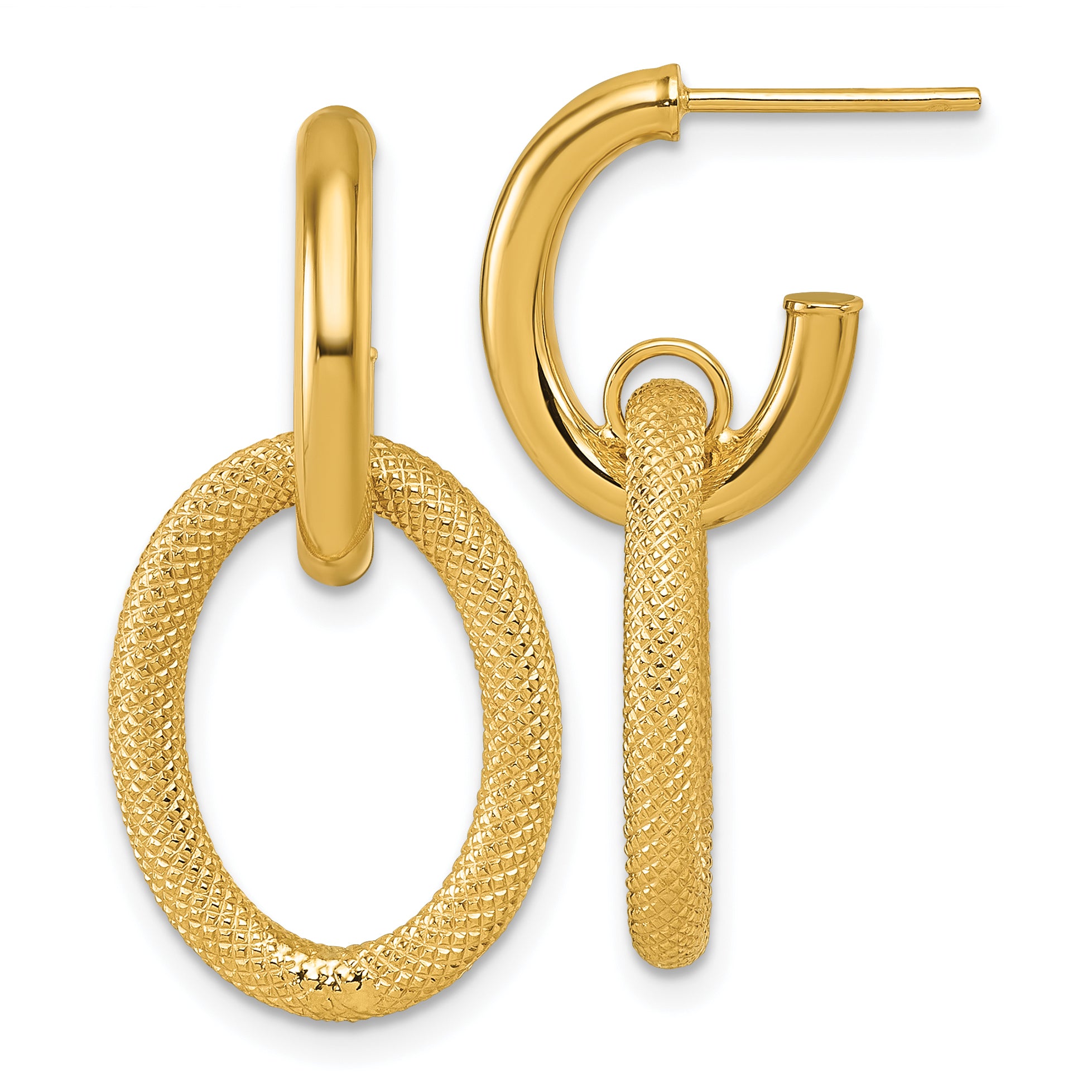 14K Polished and Textured Oval Dangle C-Hoop Post Earrings