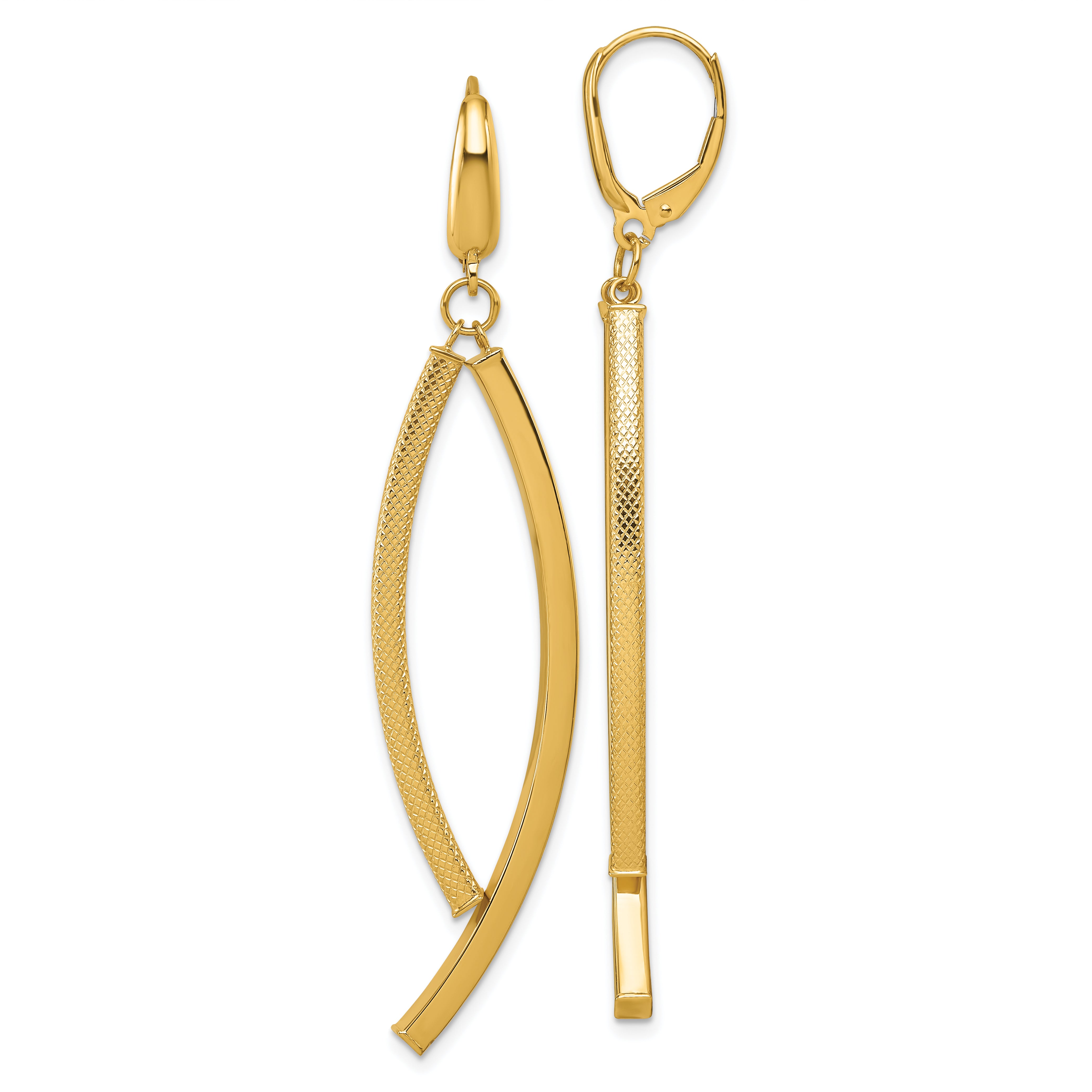 14K Polished and Textured Curved Bars Dangle Leverback Earrings