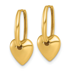 14k Polished Dangle Puffed Heart Hinged Hoop Earrings