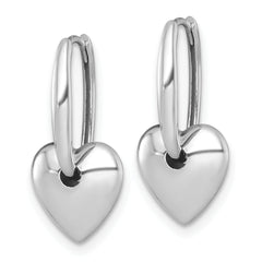 14k White Gold Polished Dangle Puffed Heart Hinged Hoop Earrings