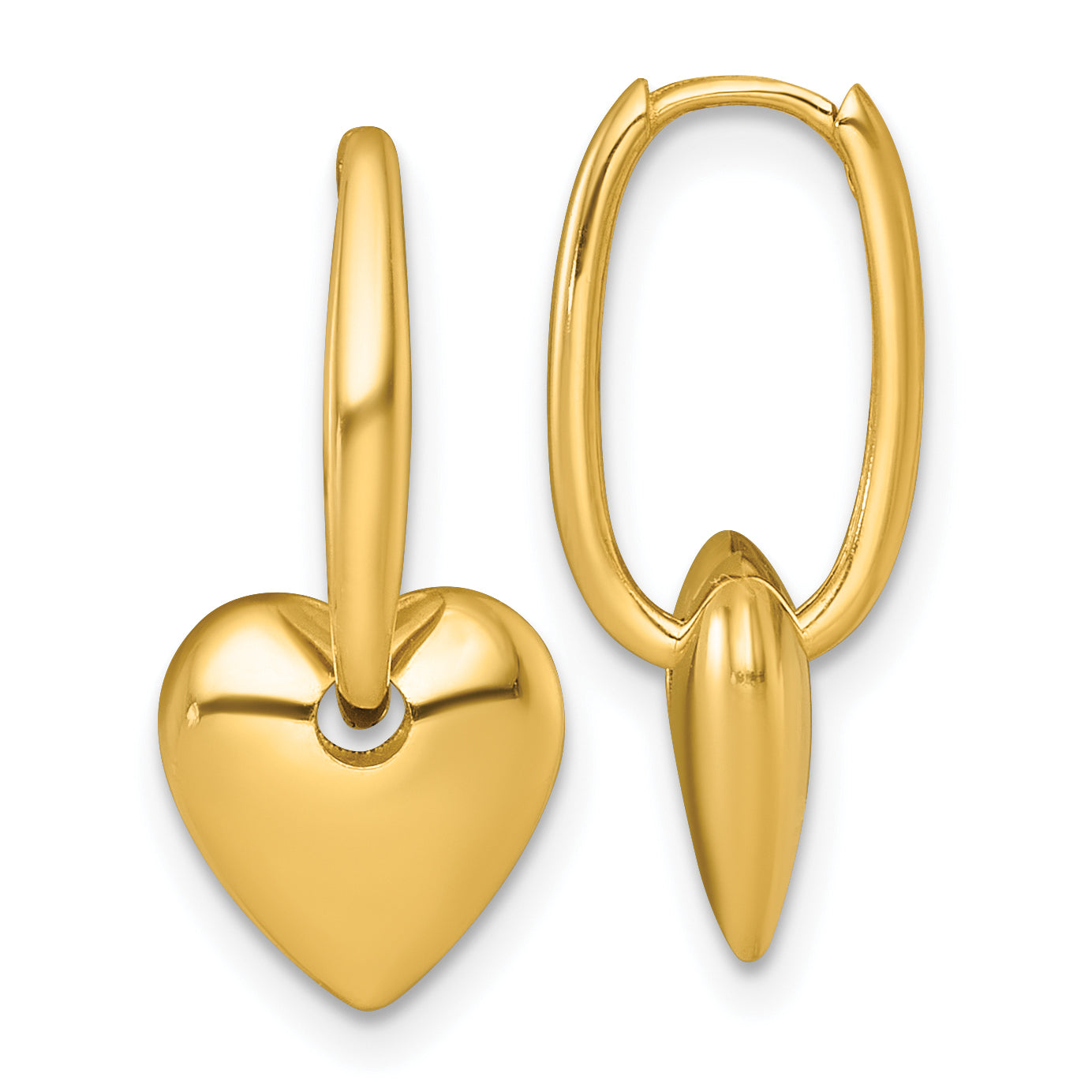14k Polished Dangle Puffed Heart Hinged Hoop Earrings