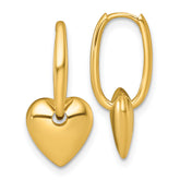 14k Polished Dangle Puffed Heart Hinged Hoop Earrings