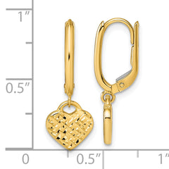 14k Polished Diamond-cut Heart Dangle Leverback Earrings