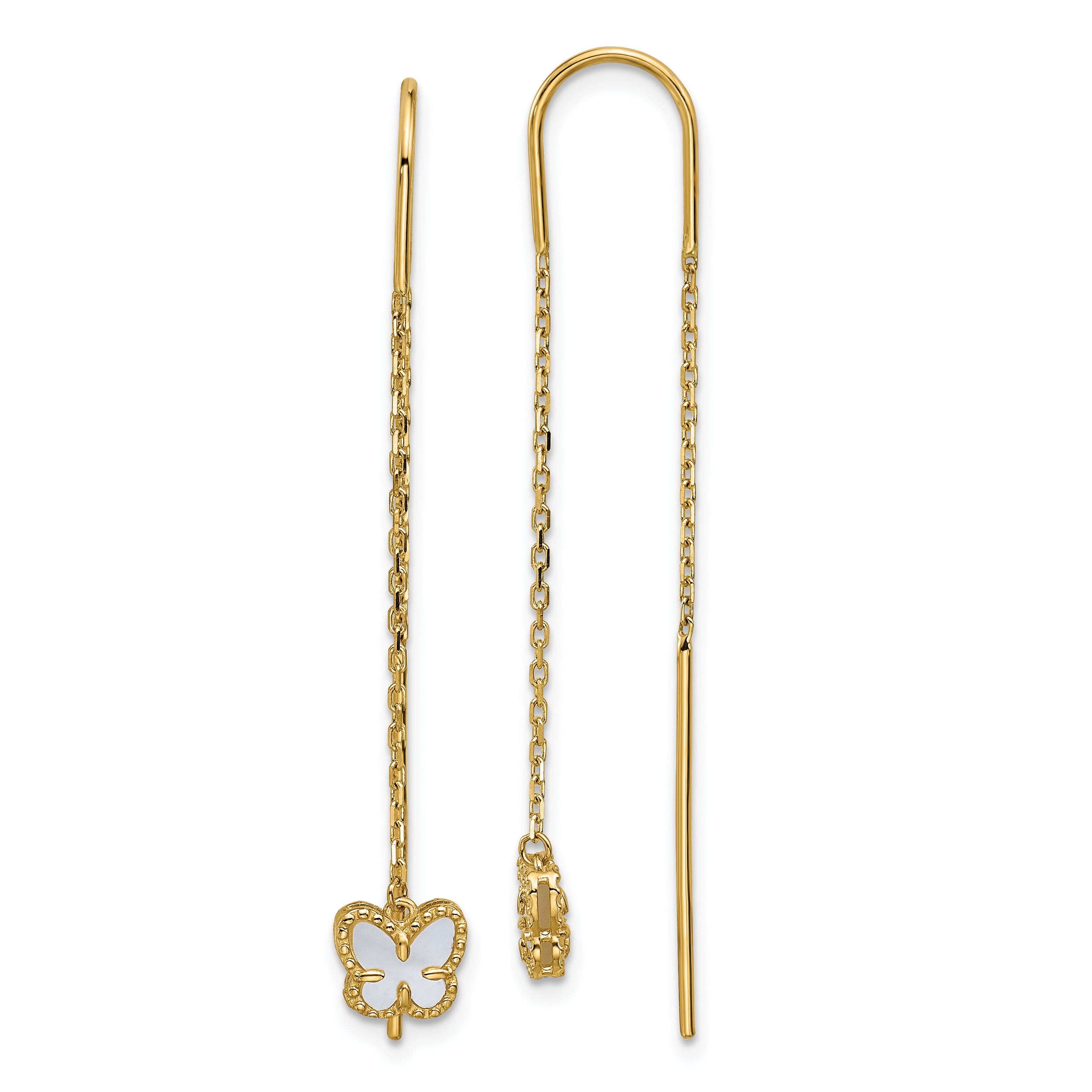 14K Polished Mother of Pearl Butterfly Cable Chain Threader Earrings