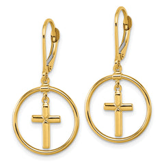 14k Polished Cross in Circle Leverback Dangle Earrings