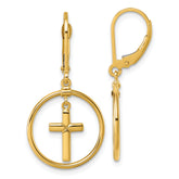 14k Polished Cross in Circle Leverback Dangle Earrings