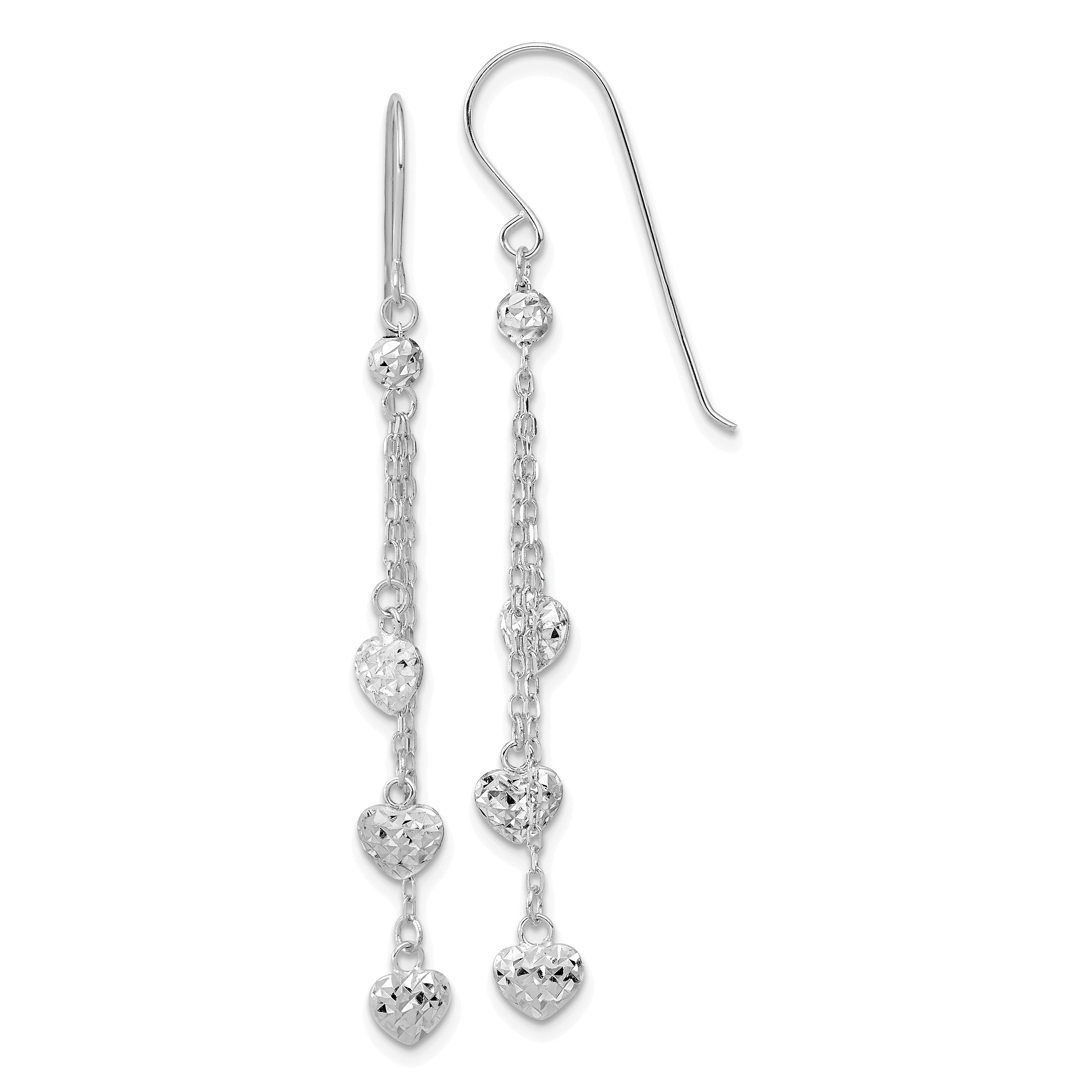 14k White Gold D/C Triple Heart Dangle Shepherd Hook Earrings