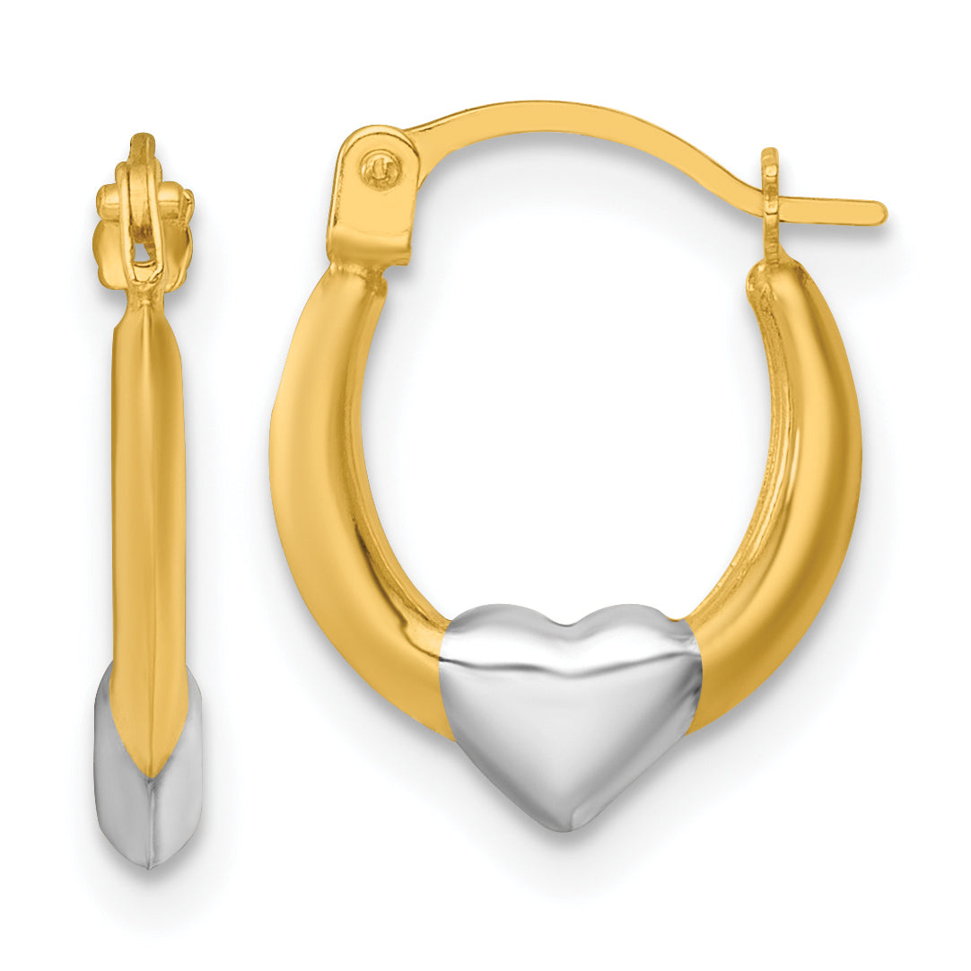 14k with White Rhodium Polished Heart Hoop Earrings
