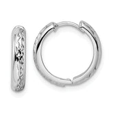 14k White Gold Polished Textured 3x15mm Hinged Hoop Earrings