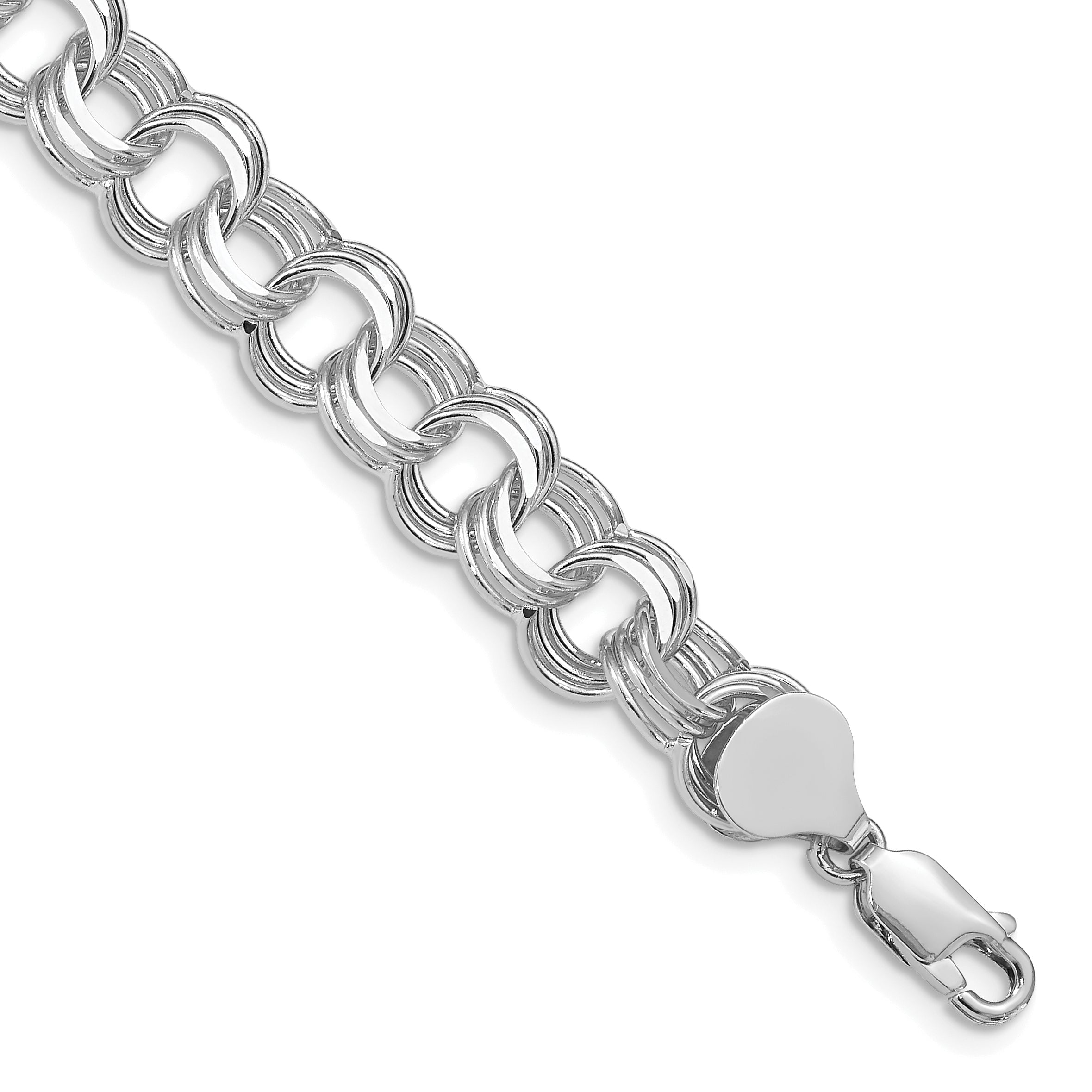 14k White Gold 9mm Solid Triple Link 8 inch Charm Bracelet