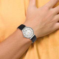 Mens Chisel Stainless Steel White Dial Black Leather Watch