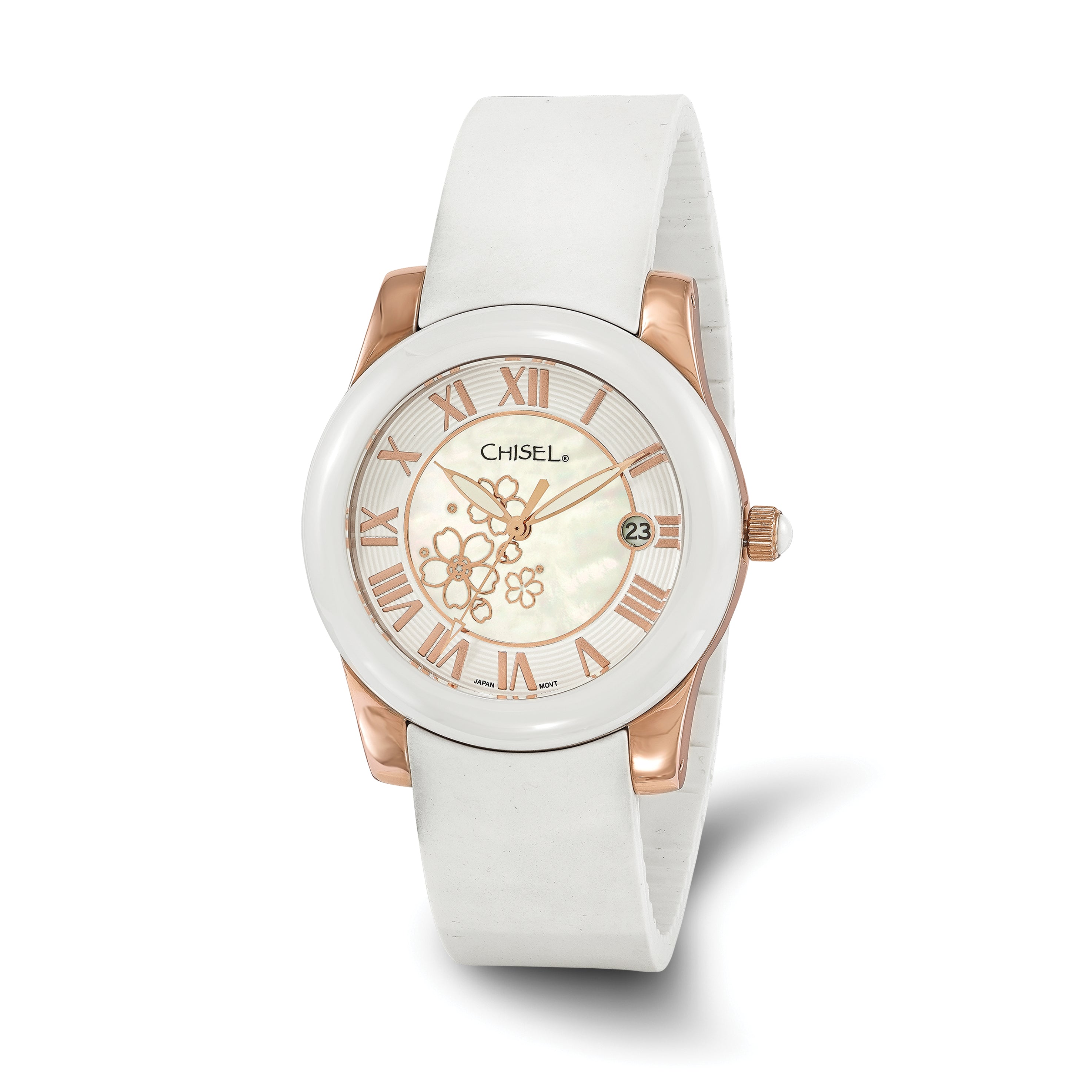 Ladies Chisel Rose IP-plated Floral Dial White Strap Watch