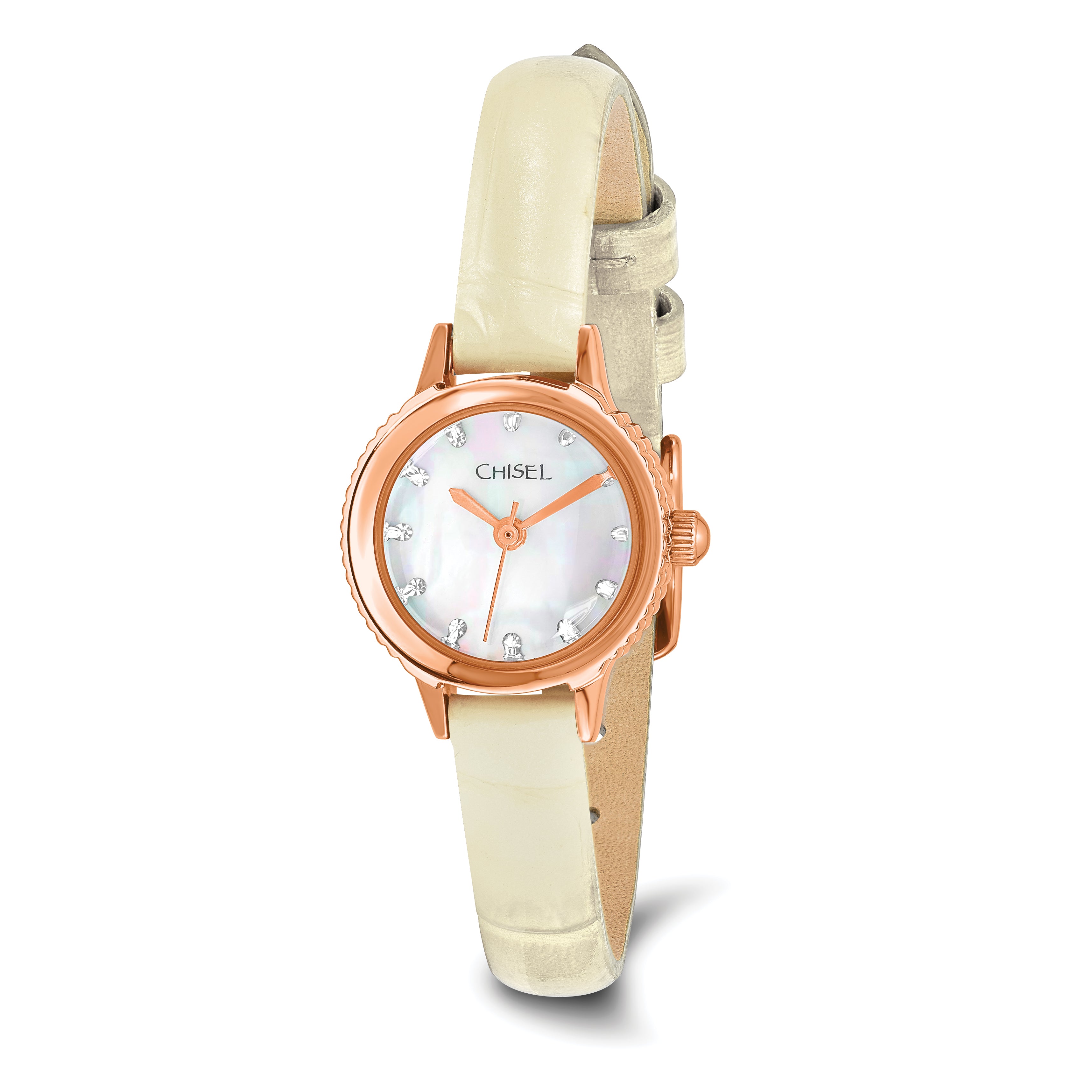 Ladies Chisel Stainless Steel Rose IP-plated White Leather Strap Watch