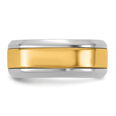 14k Two-Tone W/Y 8mm Beveled Edge Wedding Band Size 9.5