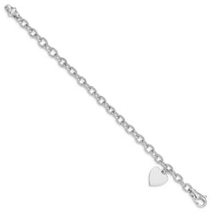14k White Gold Engravable 19x13mm Solid Dangle Heart Charm and Solid Polished Link 7.5 inch Bracelet