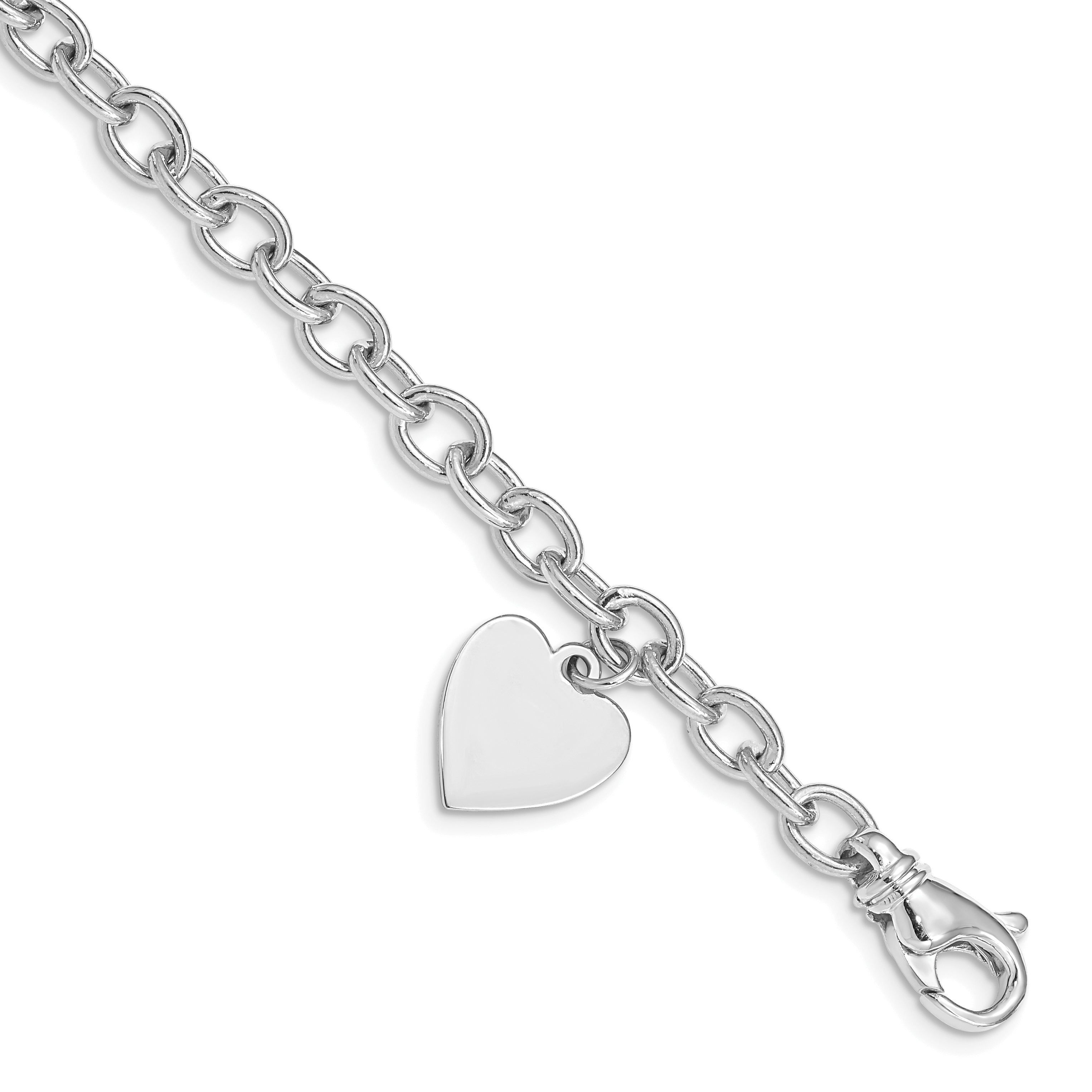 14k White Gold Engravable 19x13mm Solid Dangle Heart Charm and Solid Polished Link 7.5 inch Bracelet