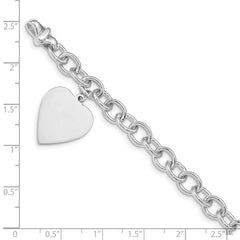 14k White Gold Engravable 23x17mm Solid Dangle Heart Charm and Solid Polished Link 7.5 inch Bracelet