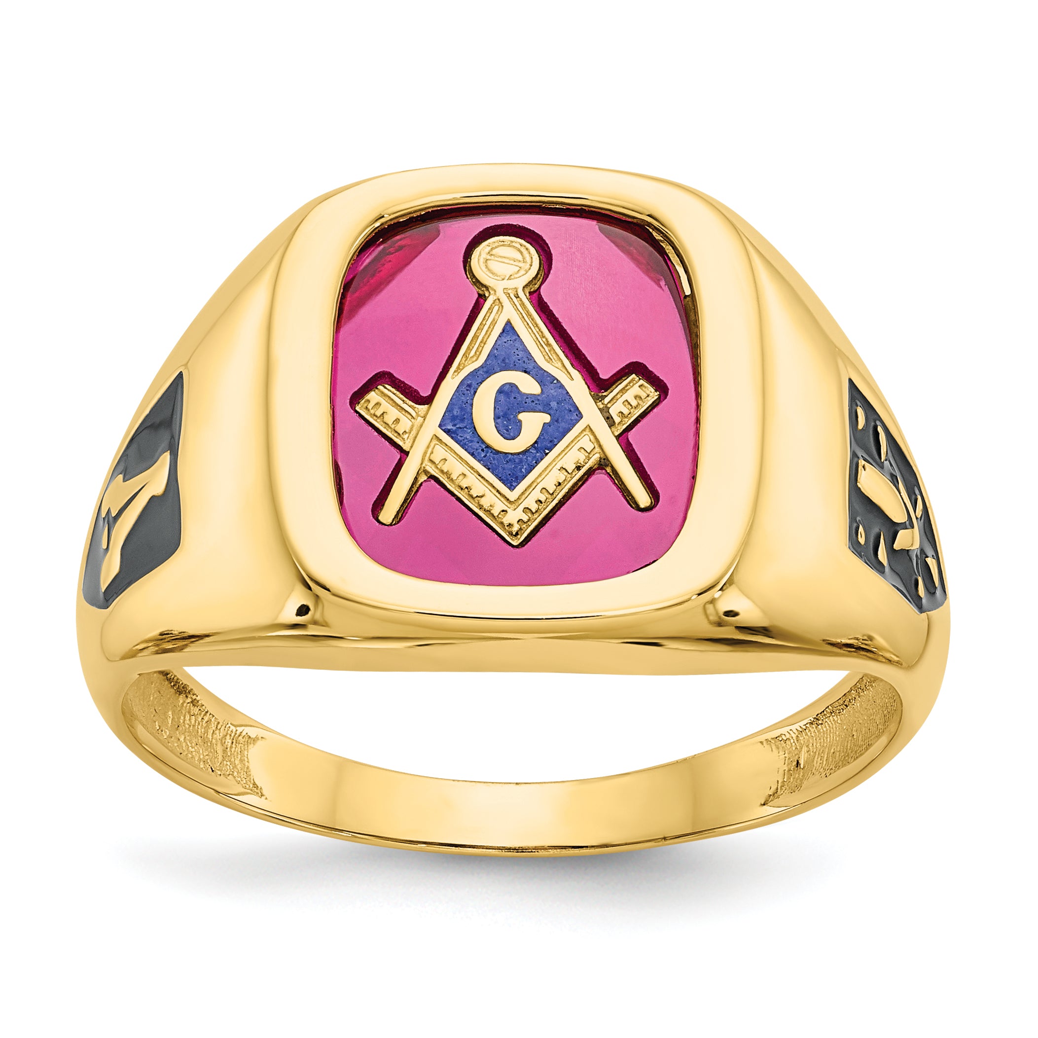14k Men's Polished and Textured with Black Enamel and Lab Created Ruby Masonic Ring
