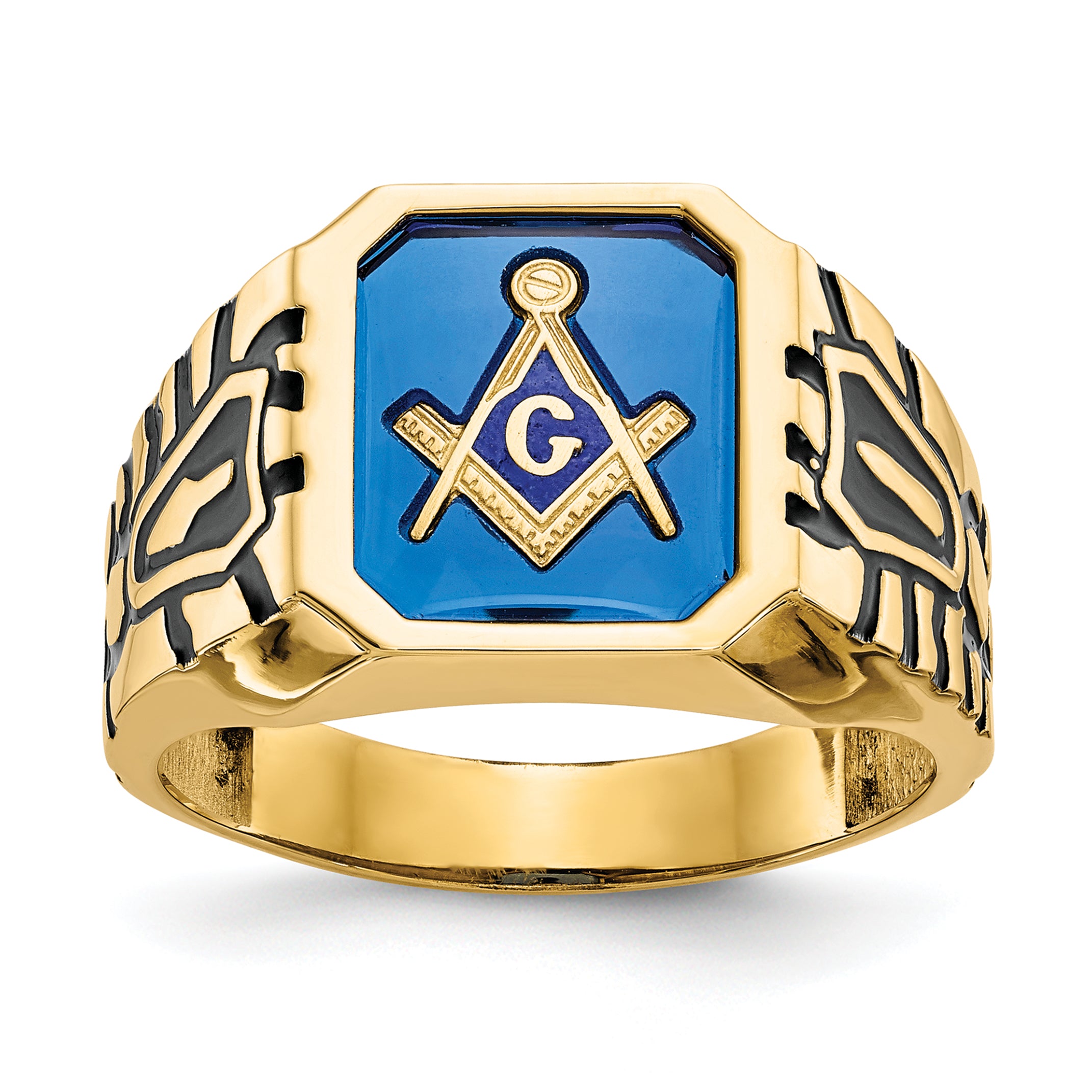 14k Men's Polished, Antiqued and Grooved with Imitation Blue Spinel Masonic Ring