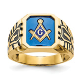 14k Men's Polished, Antiqued and Grooved with Imitation Blue Spinel Masonic Ring