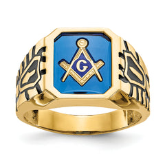 14k Men's Polished, Antiqued and Grooved with Imitation Blue Spinel Masonic Ring