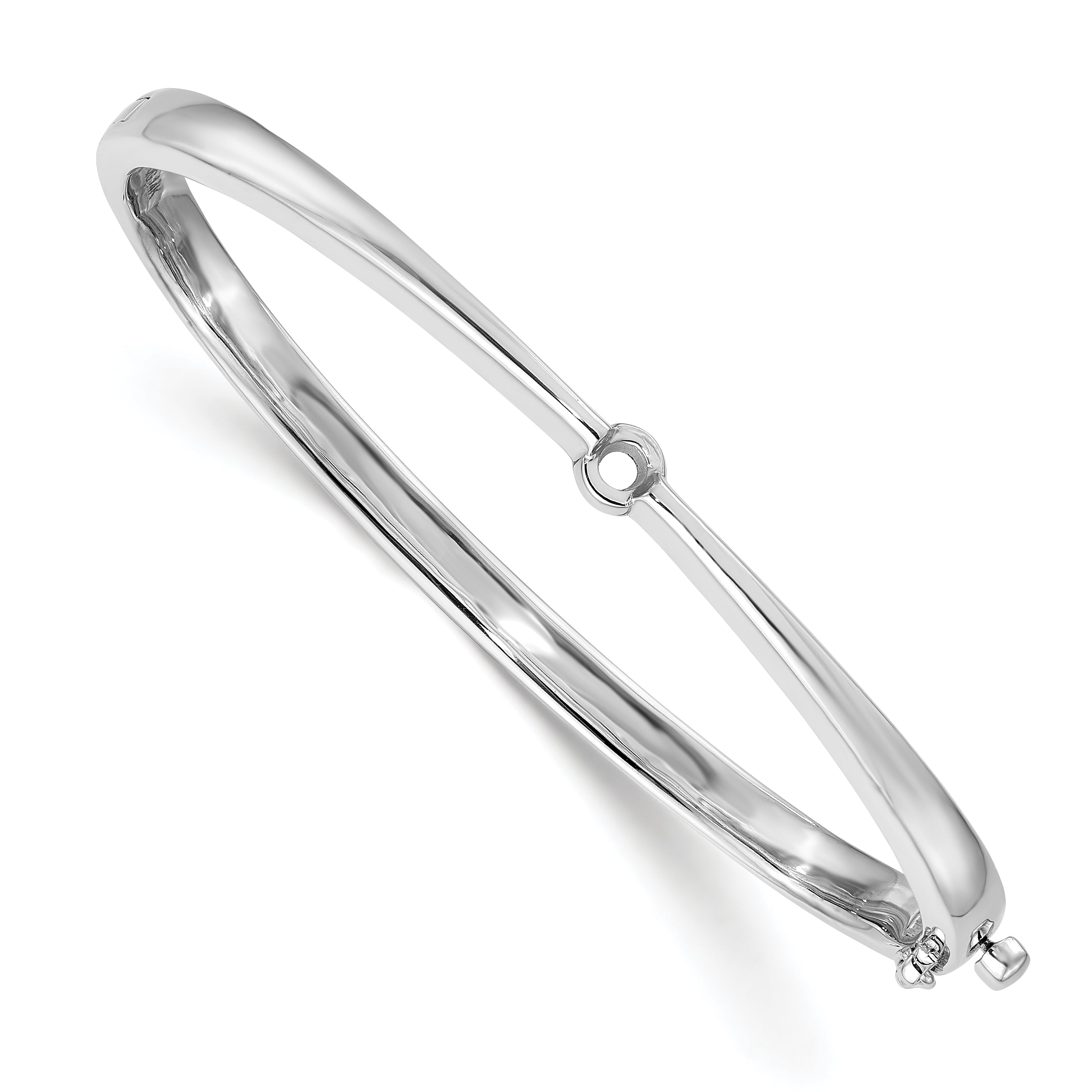 14k White Gold Holds 1/4 carat 4.0mm Round Stone Hinged Oval Bangle Bracelet Mounting (No Stone Included)