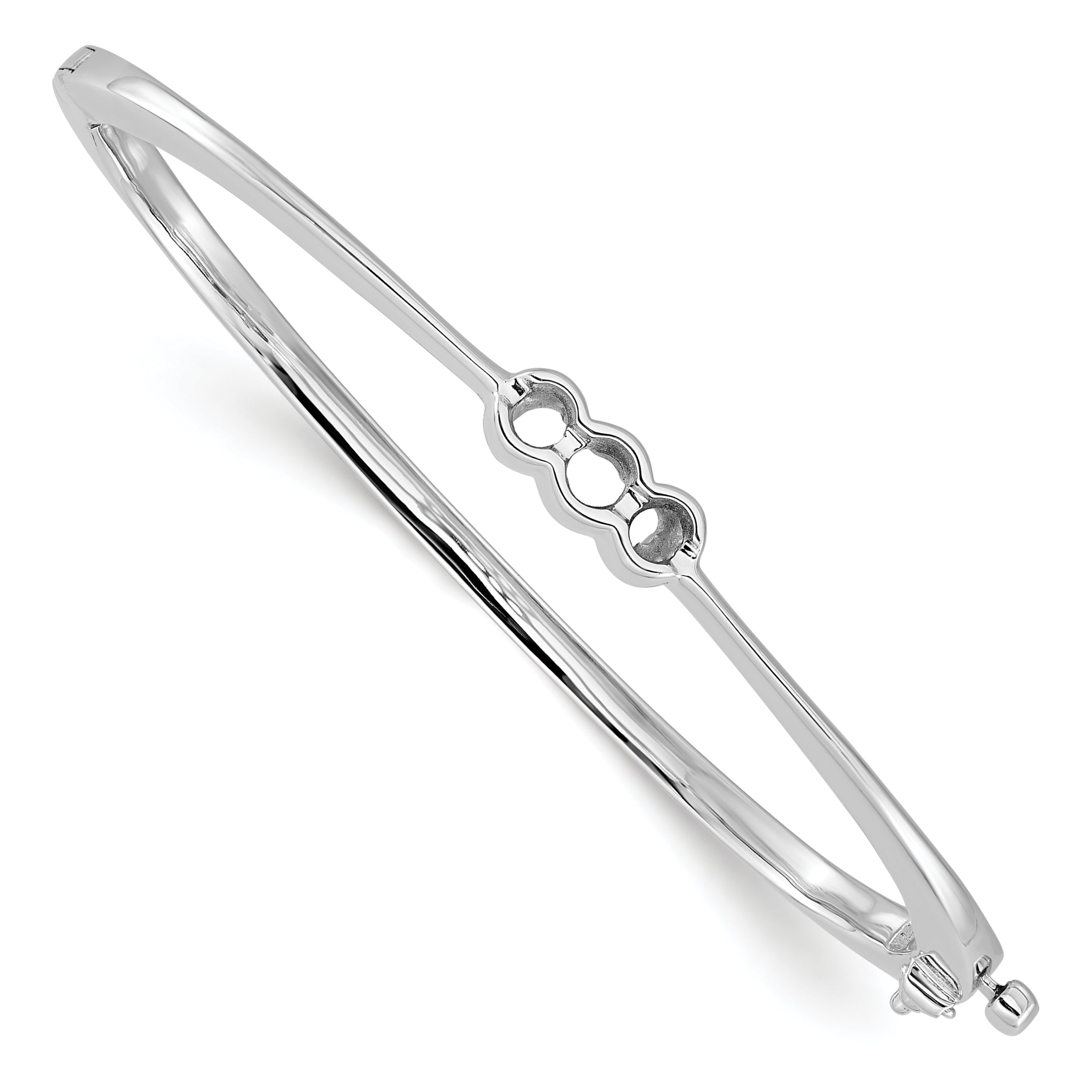 14k White Gold Holds 1/2 carat 1-4.0mm and 2-3.1mm Round Stones Hinged Oval Bangle Bracelet Mounting (No Stone Included)