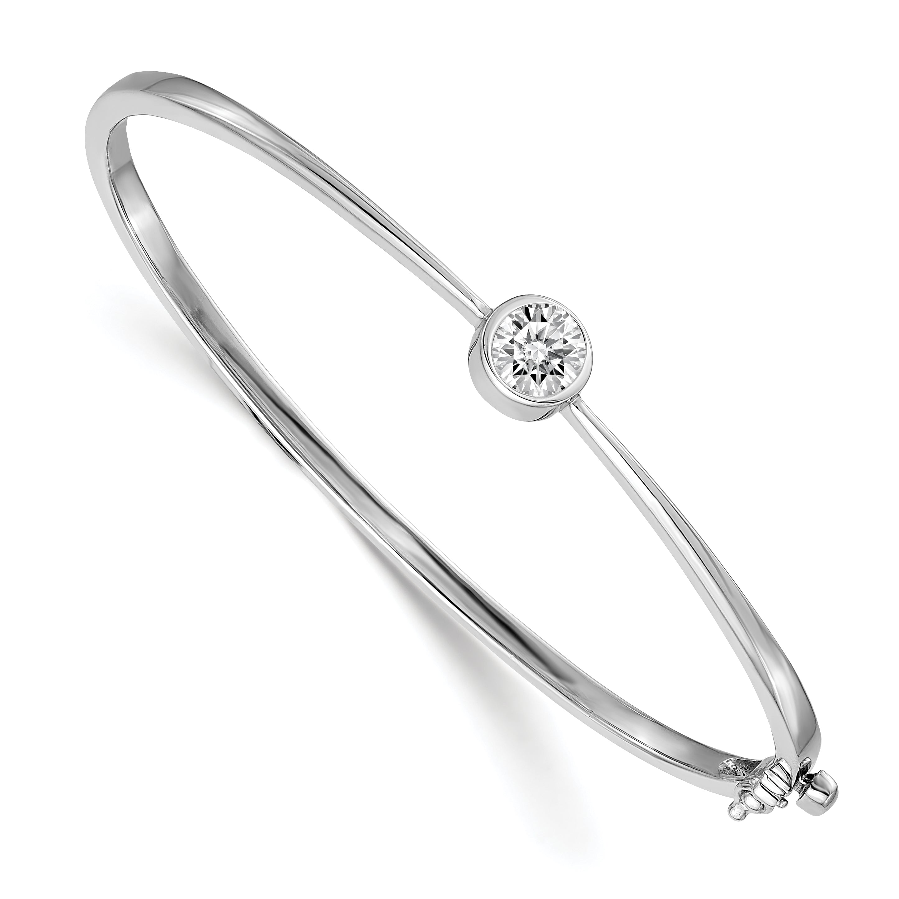 14k White Gold Holds 1 carat 6.0mm Round Stone Hinged Oval Bangle Bracelet Mounting (No Stone Included)