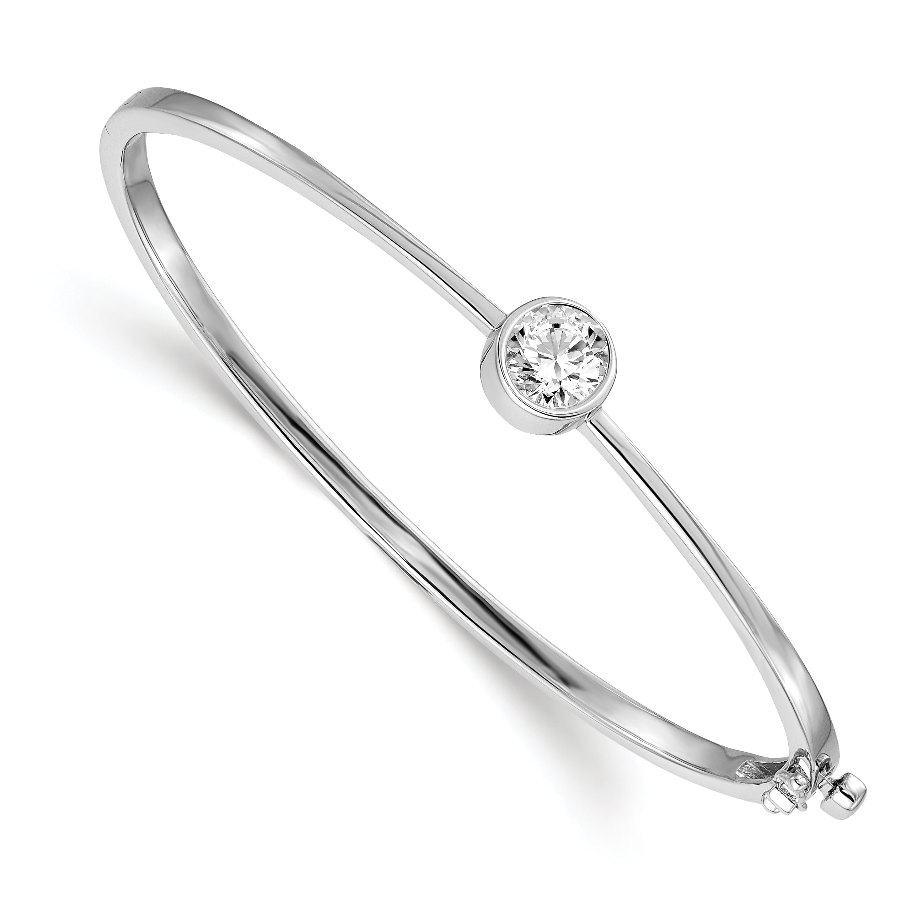 14k White Gold Holds 1 carat 6.5mm Round Stone Hinged Oval Bangle Bracelet Mounting (No Stone Included)