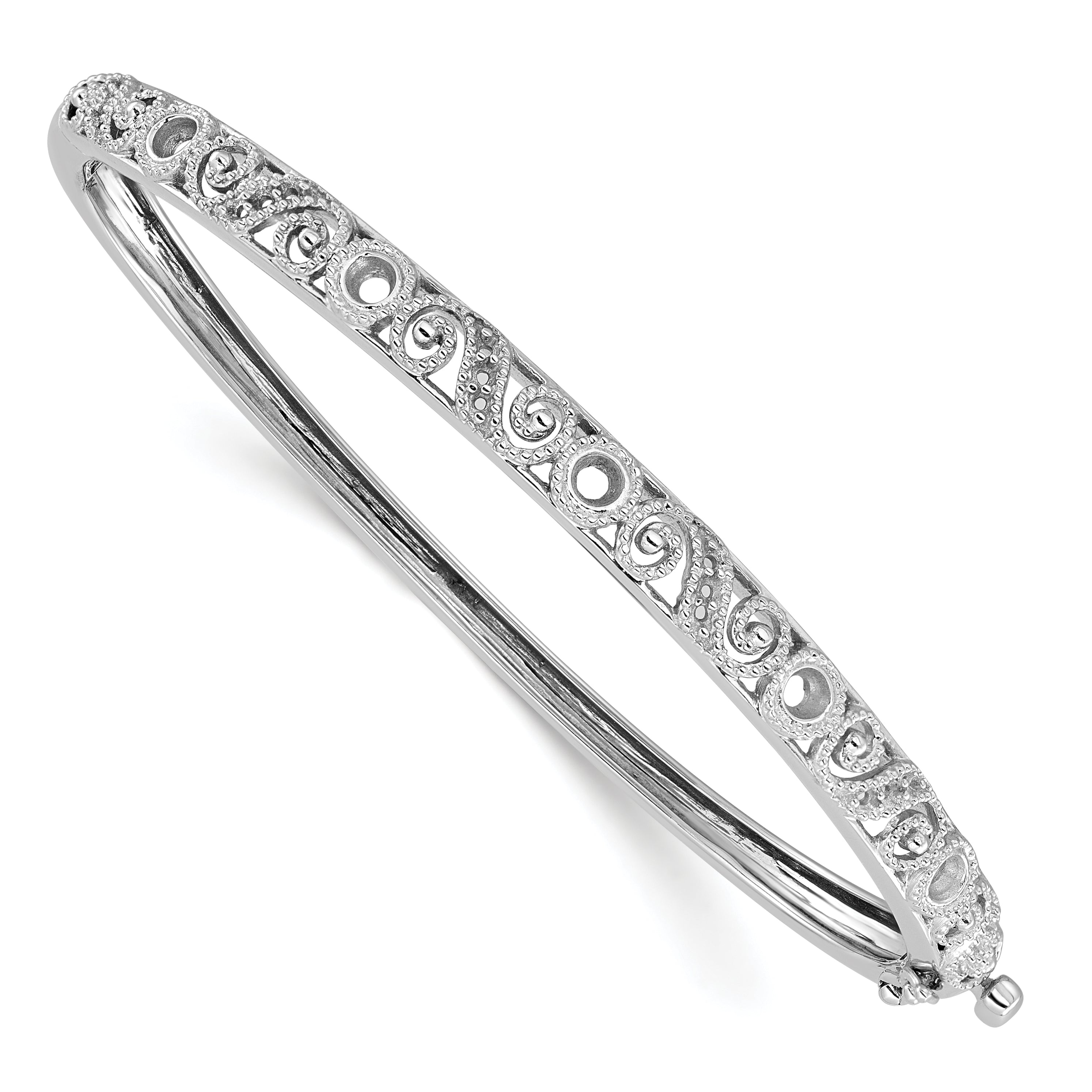 14k White Gold Swirl Design Holds 3/4 carat (5-2.9mm/6-1.7mm/12-1.3mm Round Stones) Hinged Oval Bangle Mounting (No Stone Included)