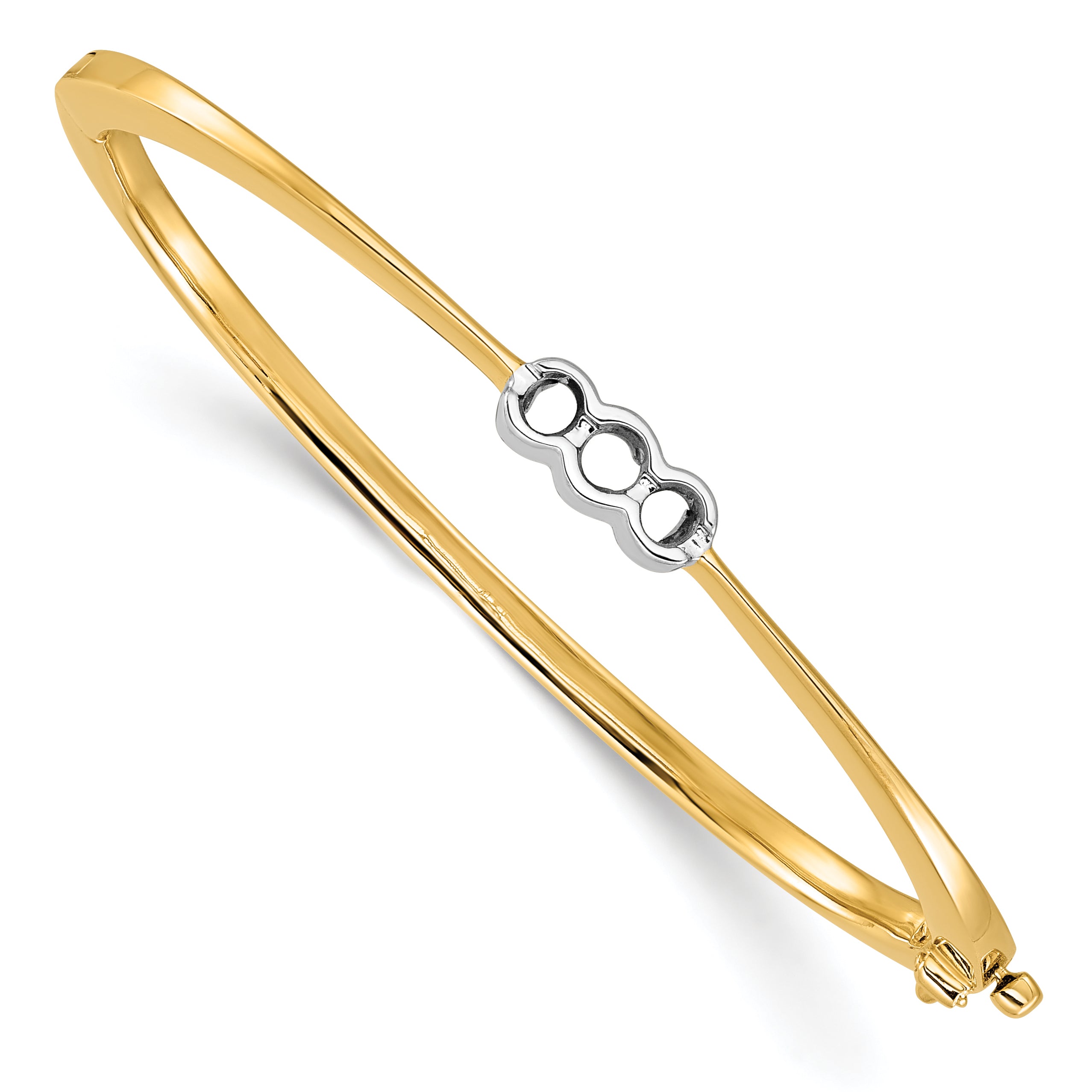 14k Two-tone Holds 1/2 carat 1-3.8mm and 2-3.4mm Round Stones Hinged Oval Bangle Bracelet Mounting (No Stone Included)
