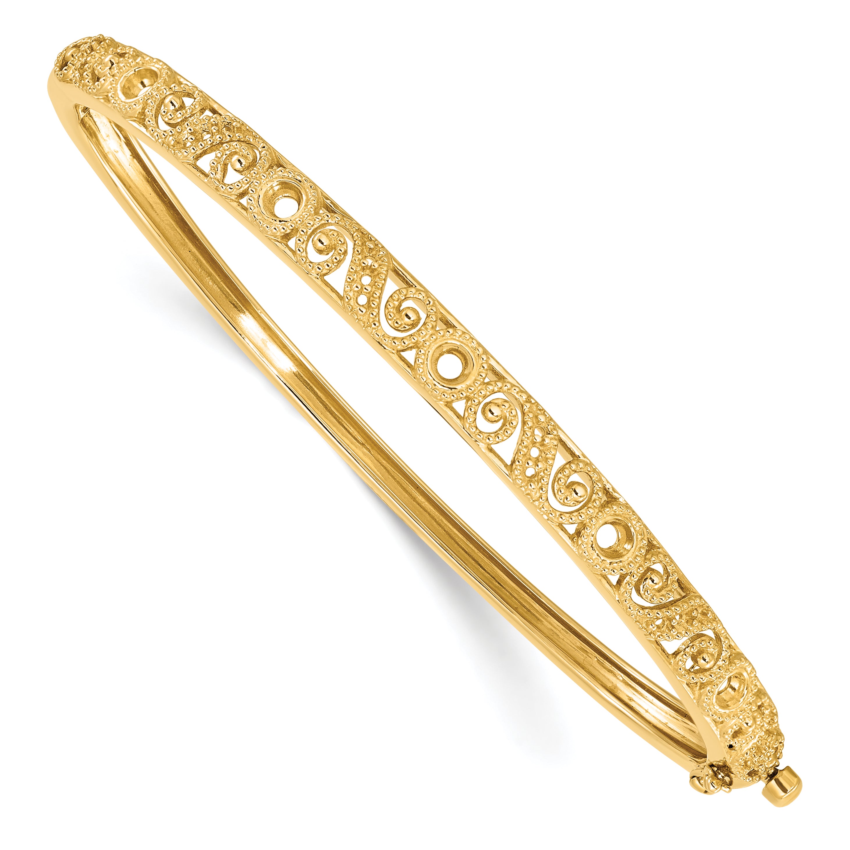 14k Swirl Design Holds 3/4 carat (5-2.9mm/6-1.7mm/12-1.3mm Round Stones) Hinged Oval Bangle Mounting (No Stone Included)