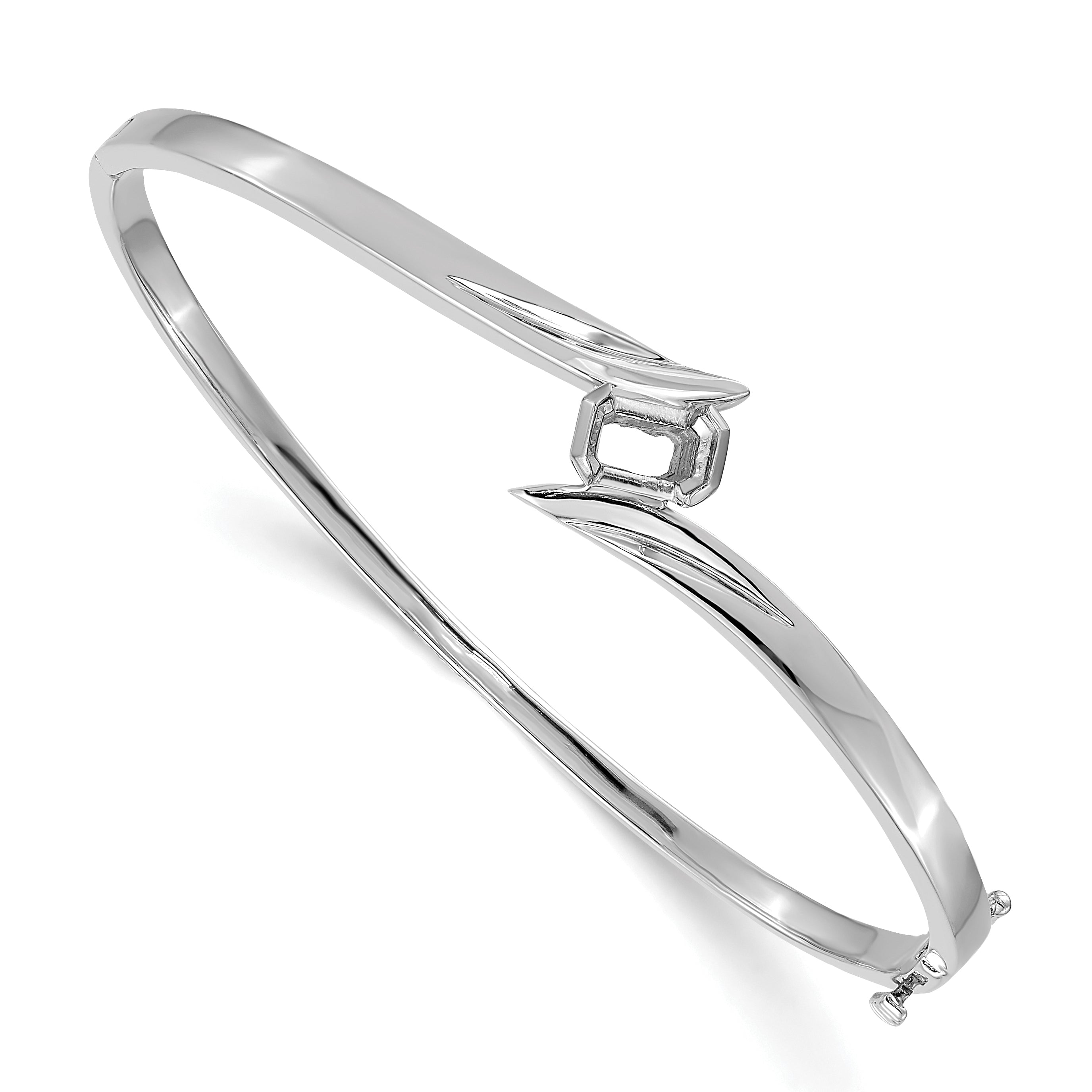 14k White Gold Holds 3/4 carat 6x4mm Emerald-cut Stone Hinged Oval Bangle Bracelet Mounting (No Stone Included)