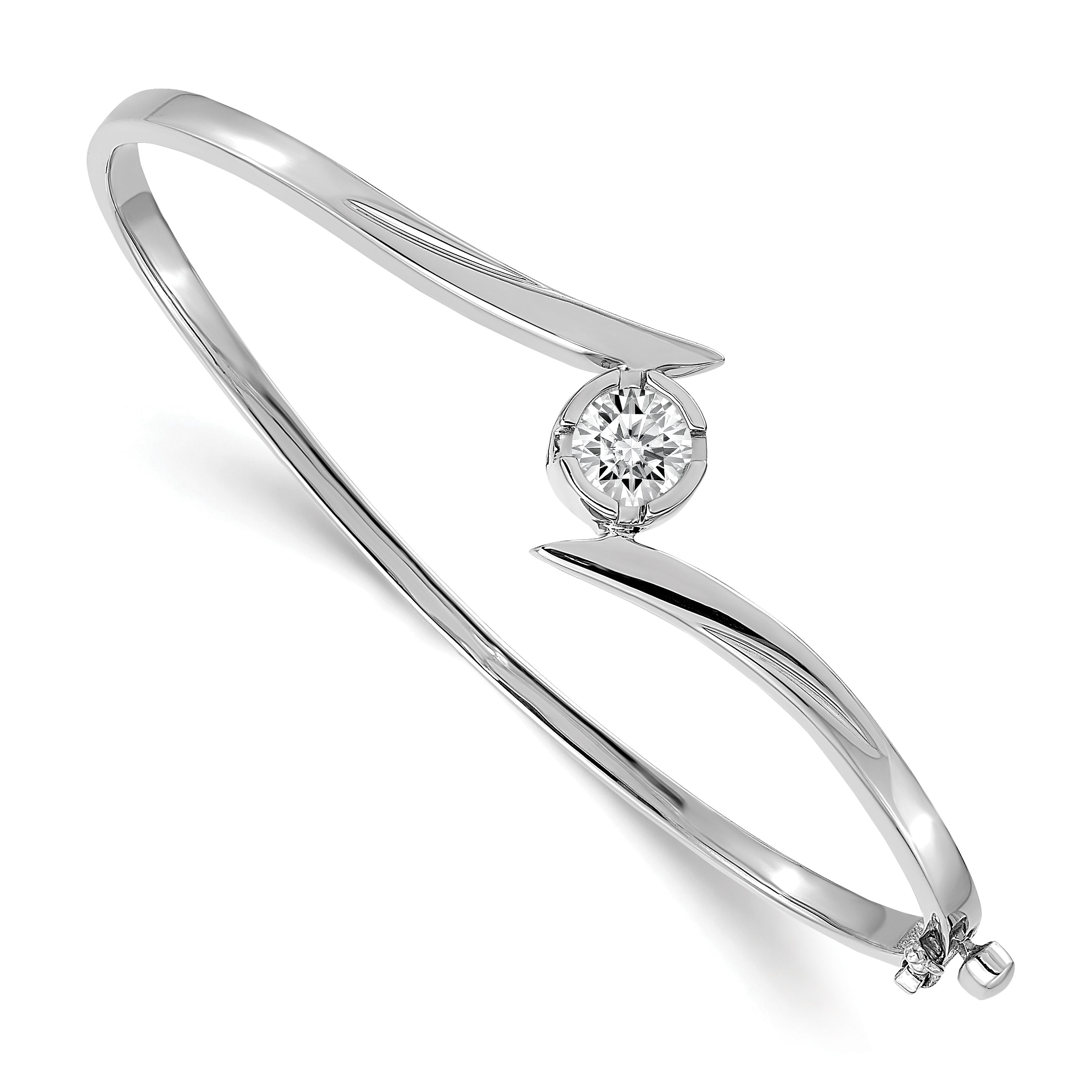 14k White Gold Holds 3/4 carat 5.75mm Round Stone Hinged Oval Bangle Bracelet Mounting (No Stone Included)