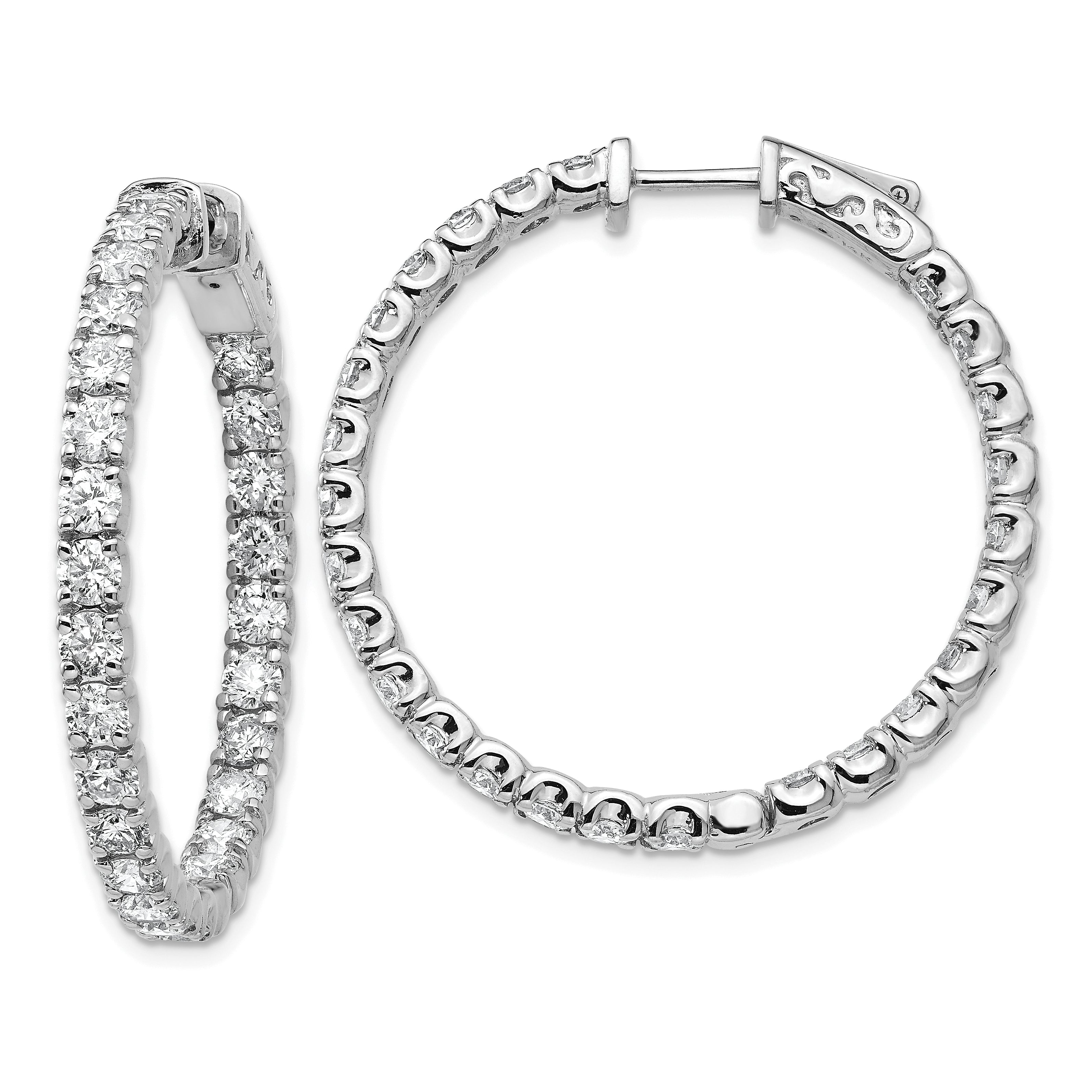 14k White Gold 4 7/8 carat Lab Grown Dia VS/SI+ G+ Round In and Out Safety Clasp Hoop Earrings