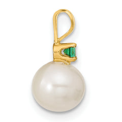 14k 7-8mm White Round Freshwater Cultured Pearl and .21EM Emerald Post Earrings and Pendant Set