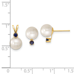 14k 7-8mm White Round Freshwater Cultured Pearl and .30SA Sapphire Post Earrings and Pendant Set
