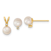 14k 5-6mm White Round Akoya Saltwater Cultured Pearl and .03 Carat Diamond Post Earrings and Pendant Set