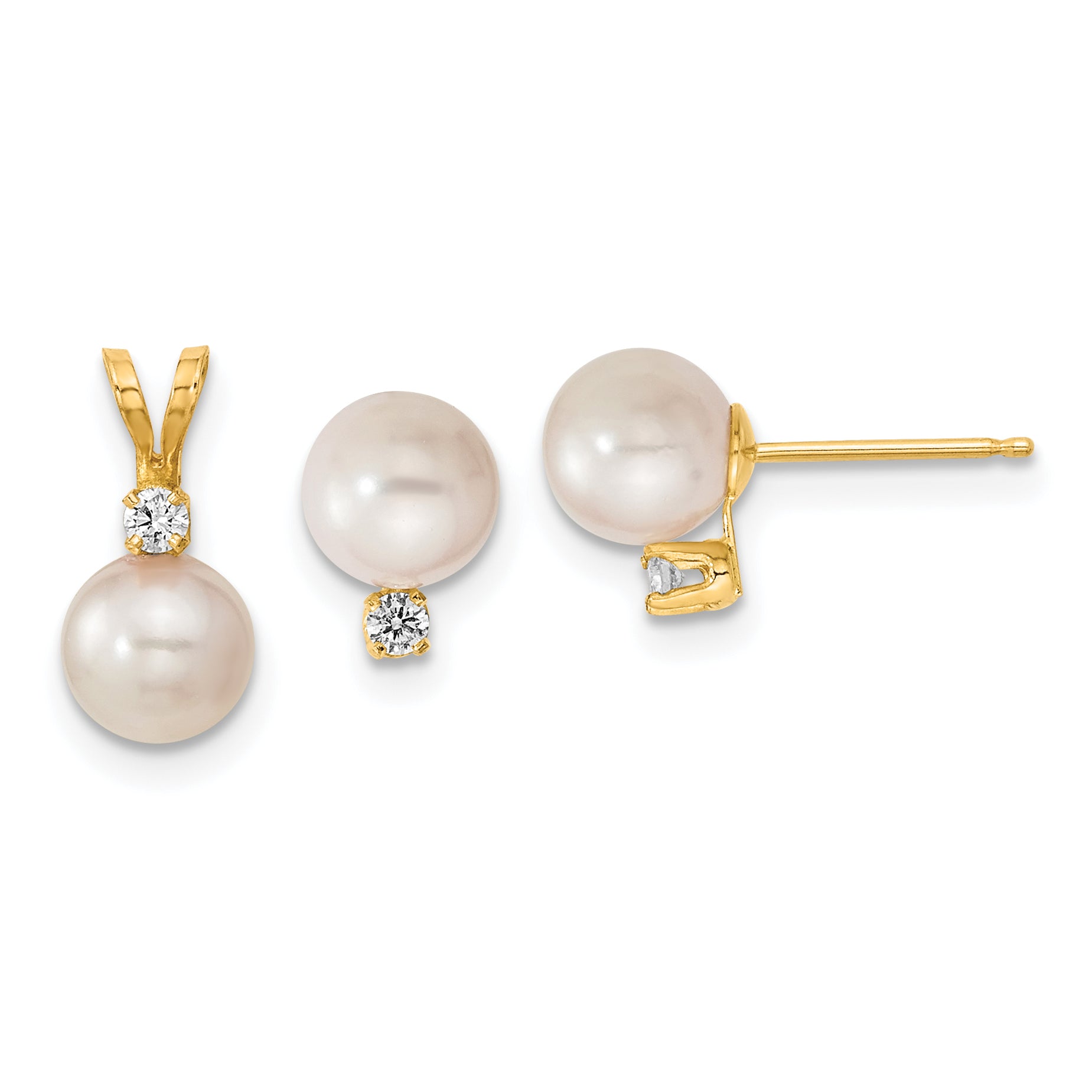 14k 6-7mm White Round Akoya Saltwater Cultured Pearl and .10 Carat Diamond Post Earrings and Pendant Set