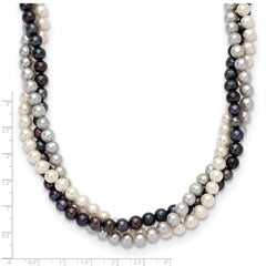 14k 6-7mm White/Gray/Black Near-Round Freshwater Cultured Pearl 3-Strand 18 inch Necklace