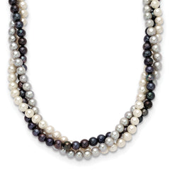 14k 6-7mm White/Gray/Black Near-Round Freshwater Cultured Pearl 3-Strand 18 inch Necklace