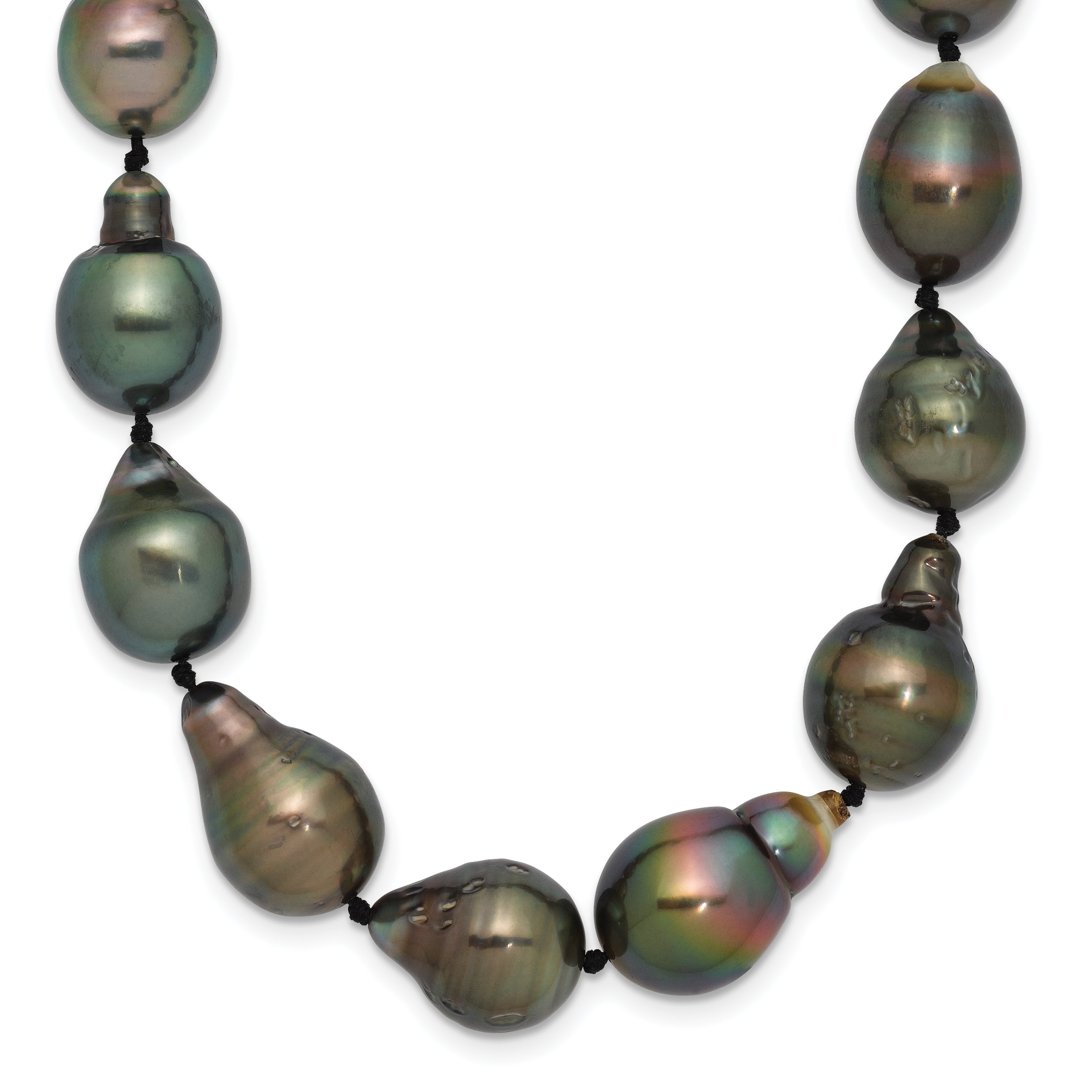 14k White Gold 8-11mm Black Baroque Tahitian Saltwater Cultured Pearl Graduated 18 inch Necklace
