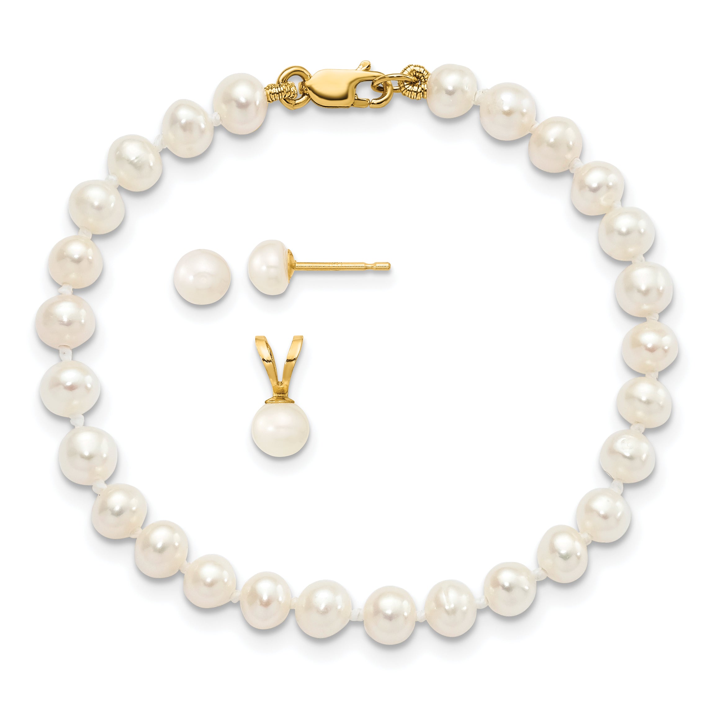 14k 4-5mm White Freshwater Cultured Pearl Pendant, 5 inch Bracelet and Post Earrings Set